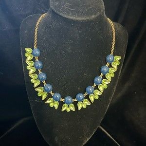 Blue lucite cabochons & green rhinestones in flower shape necklace on gold chain